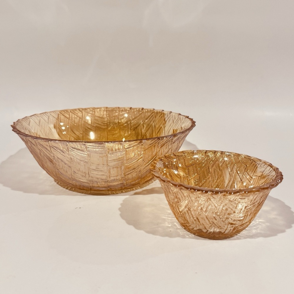 Vintage Indiana Glass Marigold Weavetex Basket Weave Chip & Dip Bowl Set